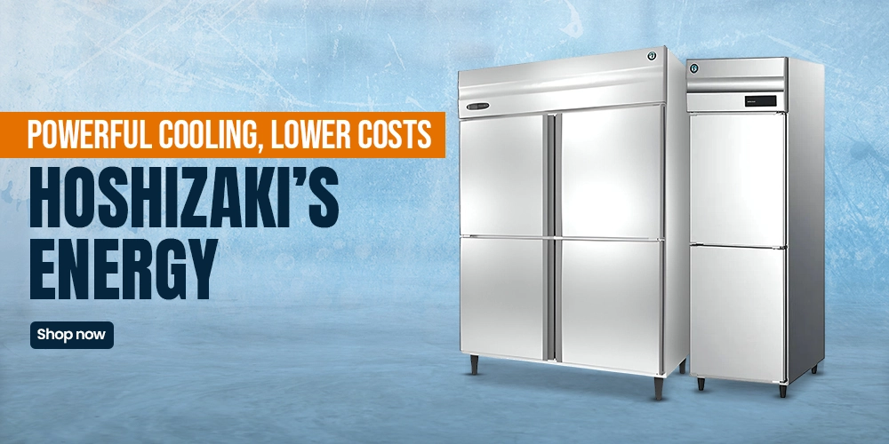 Banner showing Hoshizaki’s energy-efficient upright freezers with double and single door options, built for powerful cooling performance.